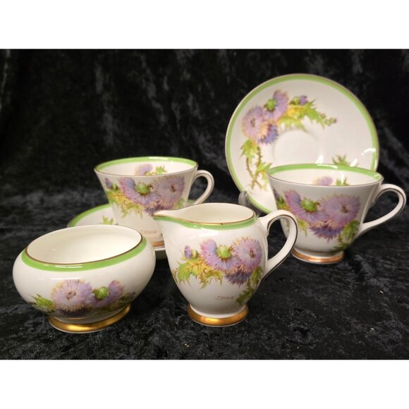 Royal Doulton Glasmis Thistle Tea Set 2 Cups & Saucers, Creamer & Sugar Bowl